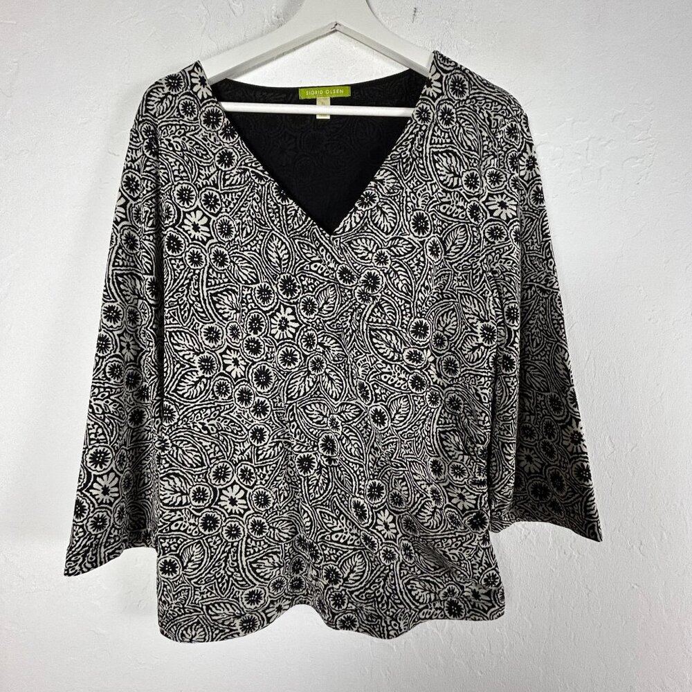Sigrid Olsen Womens Black & White Floral Print 3/4 Sleeve V-Neck Top XL Casual